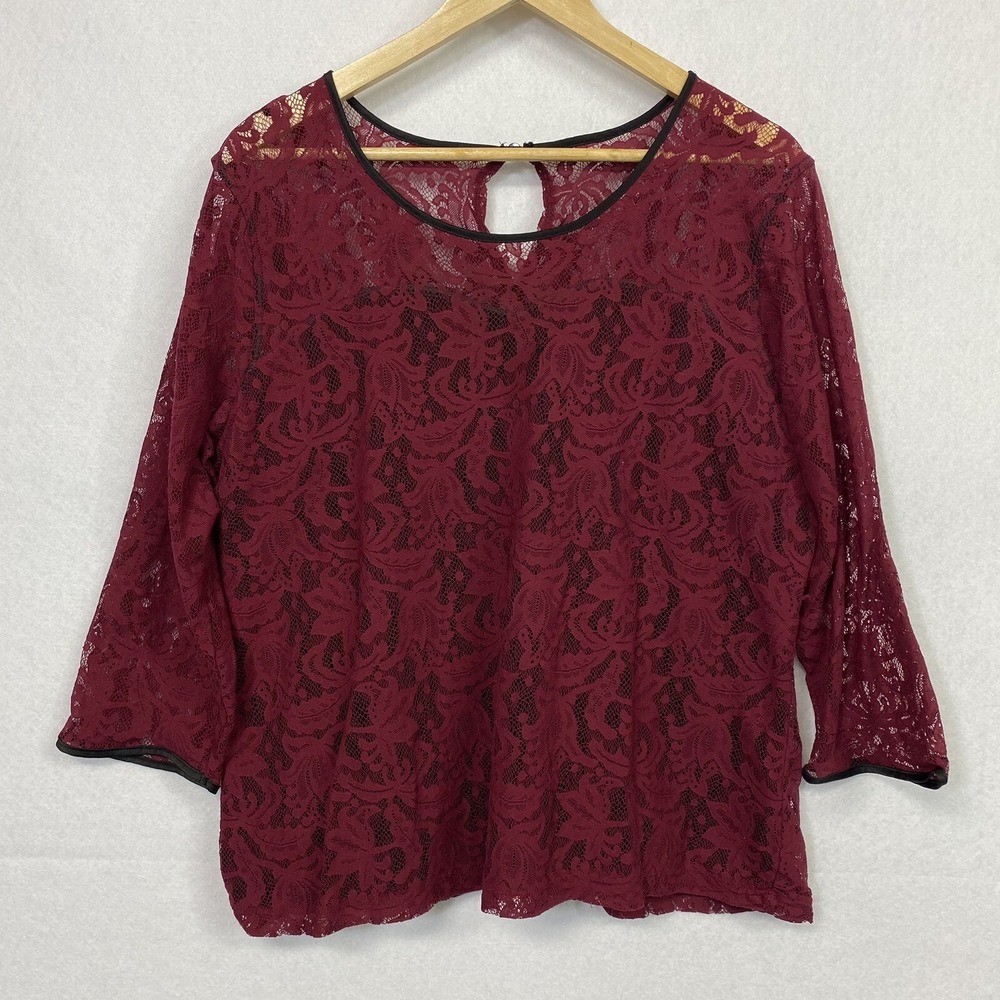 CATO Woman Lace Top Illusion Lined Women’s 18/20W Plus Burgundy Wine 3/4 Sleeves